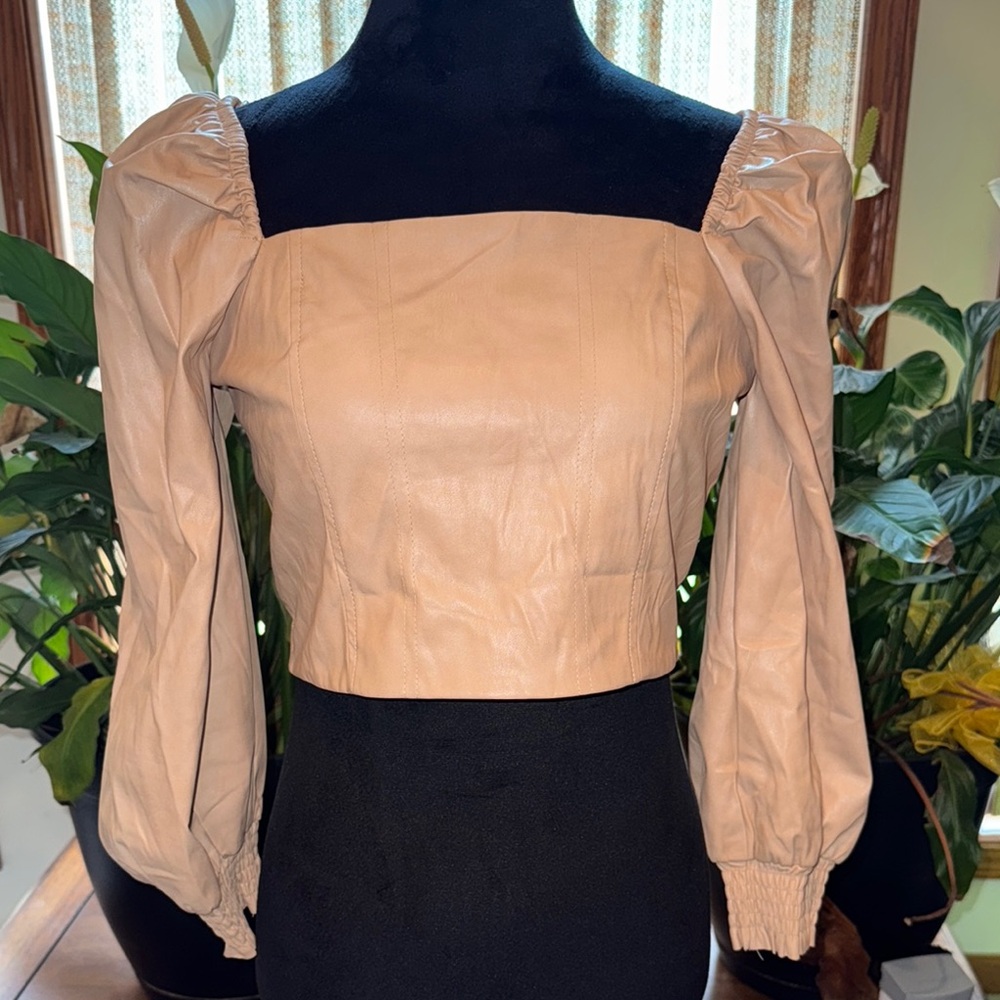 7 For All Mankind Tan Faux Leather Long Sleeve Crop Blouse